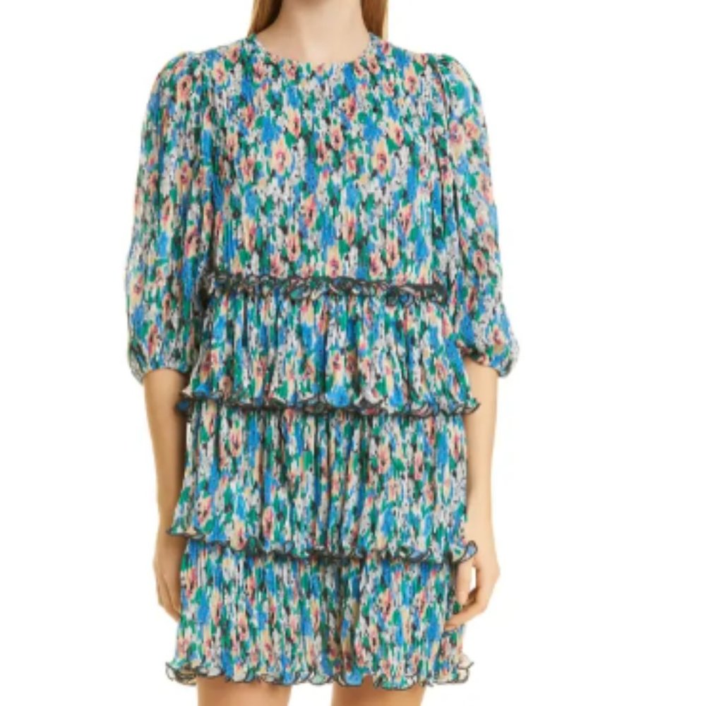 Ganni Floral Layered Plissé Georgette Dress